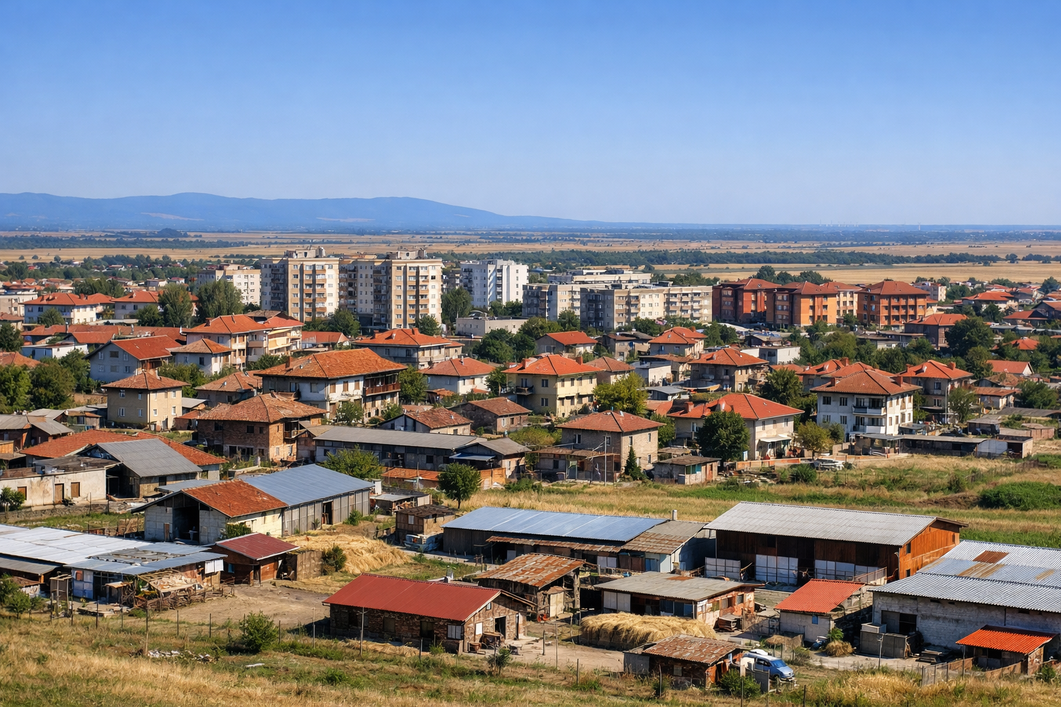 A rural townscape with dense cluster of red-roofed houses, farm buildings in the foreground, and distant fields under a clear blue sky.",